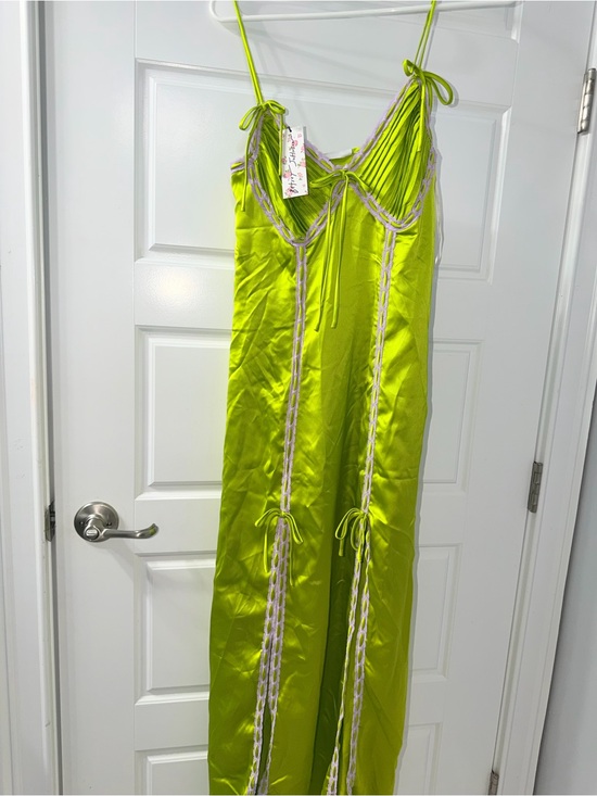 Betsey Johnson Dresses & Skirts - Betsey Johnson Lime Green Satin Maxi Dress with Lavender Trim